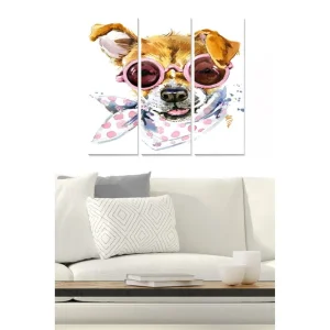 Billig Canvastavla i trä 3-delar 50x70 cm - Hund med solglasögon och scarf i lekfull stil Brun / Rosa / Vit - Inredning