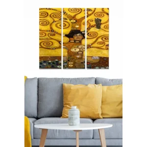 Rabatt Canvastavla i trä 3-delar 50x70 cm - Gyllene abstrakt komposition med spiraler och en kvinna i fokus Guld / Svart / Brunt - Inredning