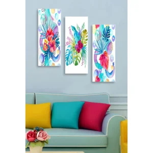 Snabb frakt Canvastavla i trä 3-delar 50x70 cm - Färgrik komposition av tropiska växter och blommor Röd / Grön / Blå - Inredning