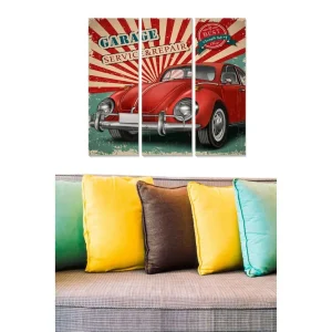 Canvastavla i trä 3-delar 50x70 cm - Retro bil i en garageinspirerad design Röd / Grön / Beige - Inredning Nyhet