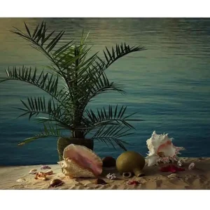 Begränsat antal Canvastavla - Tropisk stillhet med palm och snäckor vid vattnet - Inredning & dekor