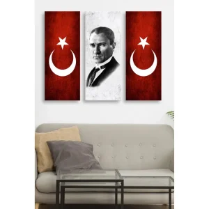 Canvastavla i trä 3-delar 50x70 cm - Porträtt av en man omgiven av symboler för Turkiet Röd / Vit - Inredning Nyhet