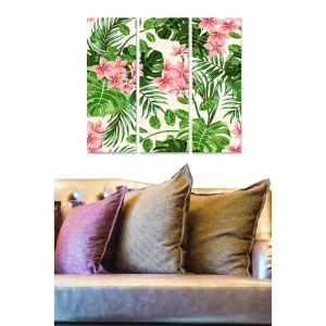 Begränsad tid Canvastavla i trä 3-delar 50x70 cm - Tropisk växtkomposition med rosa blommor och gröna blad Rosa / Grön - Inredning