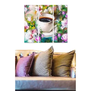 Begränsat antal Canvastavla i trä 3-delar 50x70 cm - Kopp med kaffe omgiven av färgglada blommor Grön / Rosa / Vit - Inredning