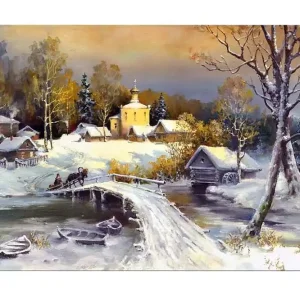 Billigare Canvastavla - Vinterlandskap med en bro och snötäckta hus - Inredning & dekor