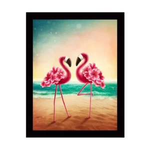 Inramad Canvastavla i trä - 41x56 cm - Två flamingos med blomsterdetaljer som står nära varandra vid havet Rosa / Turkos / Beige - Inredning Fri frakt