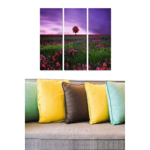 Trygg betalning Canvastavla i trä 3-delar 50x70 cm - Ensam rosa träd i en blomstrande äng under en lila himmel Lila / Rosa / Grön - Inredning