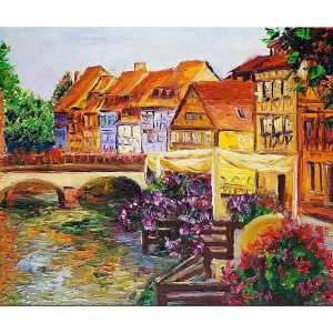 Canvastavla 70x100 cm - Pittoresk kanal med färgglada hus och blommor som pryder kanten Grön / Lila / Orange - Inredning Rabatter