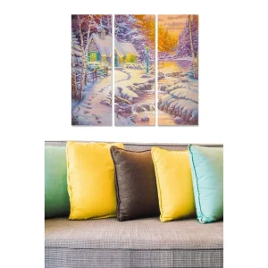 Canvastavla i trä 3-delar 50x70 cm - Vinterlandskap med en stuga omgiven av snö och träd Vit / Grön / Blå - Inredning Reapris