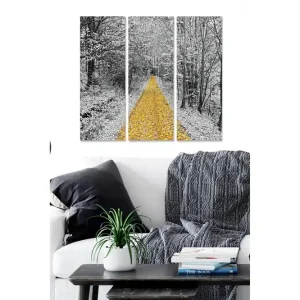 Canvastavla i trä 3-delar 50x70 cm - Gyllene väg kantad av snötäckta träd Gult / Svart / Vitt - Inredning Rabatt