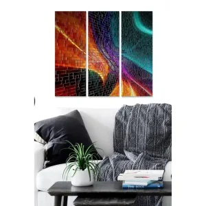 Beställ idag Canvastavla i trä 3-delar 50x70 cm - Färgglad abstrakt komposition med geometriska former och ljusstrålar Röd / Blå / Orange - Inredning