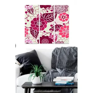 Canvastavla i trä 3-delar 50x70 cm - Färgrik blomsterdesign med stiliserade blommor och blad Mörkröd / Ljusrosa / Grön - Inredning Erbjudande