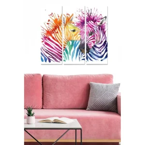 Canvastavla i trä 3-delar 50x70 cm - Färgglad komposition av zebror med abstrakta mönster Lila / Orange / Grön - Inredning Erbjudandepris
