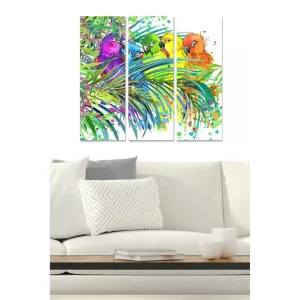 Rabatt Canvastavla i trä 3-delar 50x70 cm - Färgglada papegojor bland tropiska växter Grön / Lila / Orange - Inredning