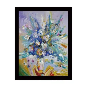 Inramad Canvastavla i trä - 41x56 cm - Färgrik bukett av blommor i livfulla nyanser Blå / Vit / Grön - Inredning Rabatter