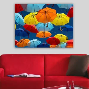 Snabb frakt Canvastavla 70x100 cm - Färgglada paraplyer som svävar i luften Röd / Blå / Gul - Inredning