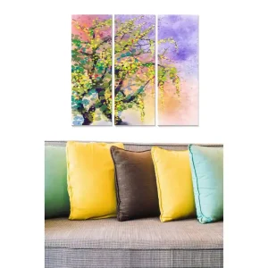 Lågt pris Canvastavla i trä 3-delar 50x70 cm - Färgglad abstrakt trädkonst med blommor och grönska Grön / Lila / Gul - Inredning