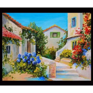 Inramad Canvastavla i trä - 41x56 cm - Vacker medelhavsmiljö med blommor och hus i ljusa färger Blå / Grön / Röd - Inredning Kampanj