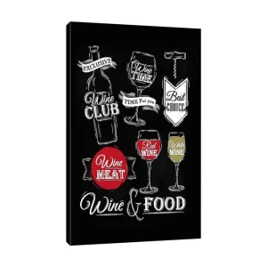 Canvastavla 70x100 cm - Stiliserad tavla med motiv av vin, glas och matrelaterade texter Röd / Vit / Svart - Inredning Handla nu