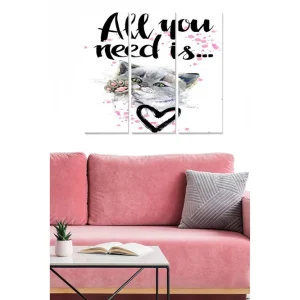Canvastavla i trä 3-delar 50x70 cm - Kattporträtt med en kärleksfull text och hjärta Grå / Rosa / Svart - Inredning Billigare