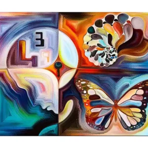 Canvastavla 70x100 cm - Färgglad fjäril som symboliserar transformation, omgiven av abstrakta former och mönster Blå / Orange / Vit - Inredning Endast idag