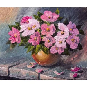 Canvastavla 70x100 cm - Vacker bukett med rosa blommor i en rund vas Rosa / Grön / Beige - Inredning Begränsat erbjudande