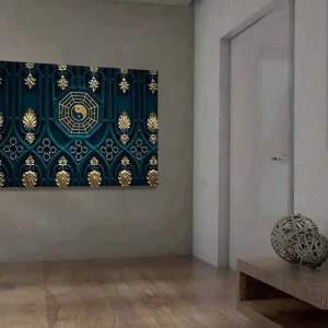 Canvastavla 70x100 cm - Abstrakt design med yin-yang-symbol och dekorativa element i guld och blått Mörkblå / Guld - Inredning Billig