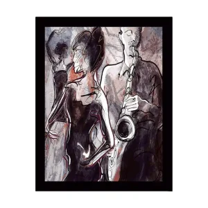 Inramad Canvastavla i trä - 41x56 cm - Jazzmusiker som spelar saxofon med dansande silhuetter i bakgrunden Mörkröd / Grå / Svart - Inredning Billig