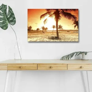 Utförsäljning Canvastavla med LED-belysning - Solnedgång över en strand med palmer - Inredning & dekor