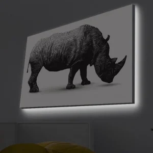 Beställ nu Canvastavla med LED-belysning - Stiliserad noshörning i svart och vitt - Inredning & dekor