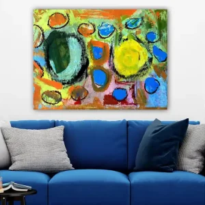 Rabatter Canvastavla 70x100 cm - Abstrakt komposition med färgglada cirklar och former som skapar en livlig och dynamisk känsla Grön / Gul / Blå - Inredning