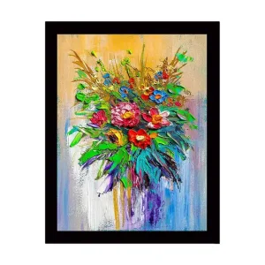 Inramad Canvastavla i trä - 41x56 cm - Färgrik bukett av blommor Grön / Röd / Blå - Inredning Rabatt