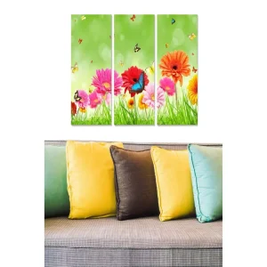 Canvastavla i trä 3-delar 50x70 cm - Färgrik bukett av blommor med fjärilar i en grön miljö Rosa / Orange / Grön - Inredning Billigare