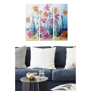 Canvastavla i trä 3-delar 50x70 cm - Färgglada blommor i glasflaskor Blå / Lila / Orange - Inredning Expressleverans