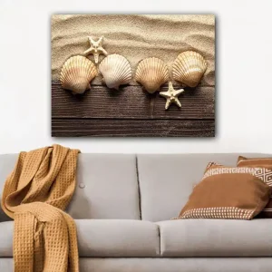 Canvastavla 70x100 cm - Fem snäckor och en sjöstjärna på sandig bakgrund Beige / Brun / Vit - Inredning Extra rabatt