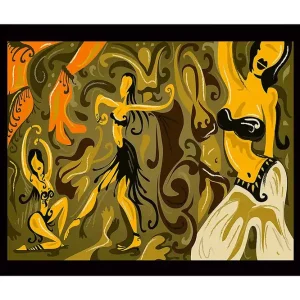 Köp online Inramad Canvastavla i trä - 41x56 cm - Dansande kvinnor i en färgglad och abstrakt komposition Guld / Orange / Brun - Inredning