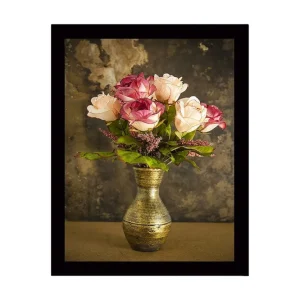 Endast denna vecka Inramad Canvastavla i trä - 41x56 cm - Färgrik bukett av rosor i en vacker vas Rosa / Grön / Guld - Inredning