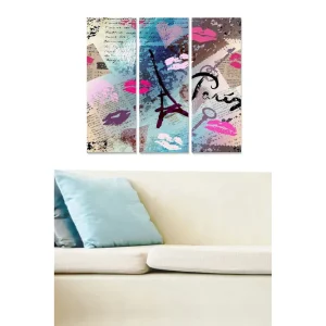 I lager Canvastavla i trä 3-delar 50x70 cm - Abstrakt komposition med Eiffeltornet och läppstiftsavtryck Rosa / Blå / Lila - Inredning