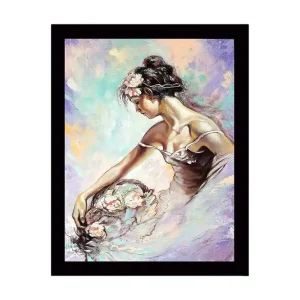 Inramad Canvastavla i trä - 41x56 cm - Elegant kvinna i en romantisk pose med blommor Ljusrosa / Ljusblå / Lavendel - Inredning Expressleverans