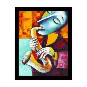 Nyhet Inramad Canvastavla i trä - 41x56 cm - Musiker som spelar saxofon med uttrycksfulla ansiktsdrag Turkos / Orange / Mörkröd - Inredning