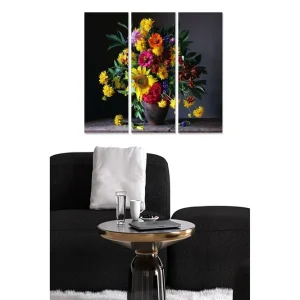 Canvastavla i trä 3-delar 50x70 cm - Färgrik bukett av blommor i en vas Gult / Rött / Grönt - Inredning Rea