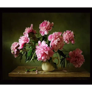 Begränsad tid Inramad Canvastavla i trä - 41x56 cm - Färgrik bukett av pioner i en keramikvas Rosa / Grön / Beige - Inredning
