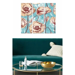 Canvastavla i trä 3-delar 50x70 cm - Blommor i pastellfärger mot en turkos bakgrund Turkos / Beige / Röd - Inredning Populär