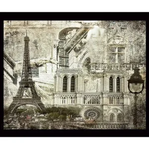 Inramad Canvastavla i trä - 41x56 cm - Parisisk stadslandskap med ikoniska byggnader Grå / Svart / Vit - Inredning Rabatt