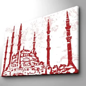 Canvastavla 70x100 cm - Silhuetten av en moské med flera minareter i en stiliserad design Röd / Ljusrosa - Inredning Snabb leverans