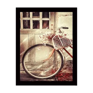 Billigare Inramad Canvastavla i trä - 41x56 cm - Cykel med korg fylld av blommor vid en gammal dörr Beige / Rostbrun / Vit - Inredning