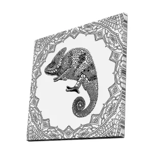 Canvastavla 45x45 cm - Detaljerad illustration av ett chameleon i en ornamenterad ram Svart / Vitt - Inredning Fynd