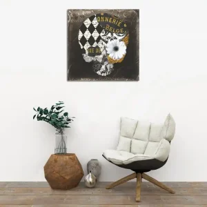 Canvastavla 45x45 cm - Dödskalle med blommor och geometriska mönster Svart / Vitt / Gult - Inredning Billig