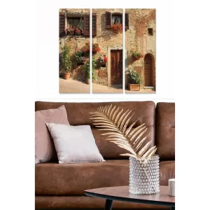Sänkt pris Canvastavla i trä 3-delar 50x70 cm - Charmig italiensk husfasad med blommor i fönstren Terrakotta / Grå / Grön - Inredning