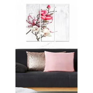 Begränsad tid Canvastavla i trä 3-delar 50x70 cm - Blomsterarrangemang med rosa och vita magnolior Rosa / Vit / Grön - Inredning
